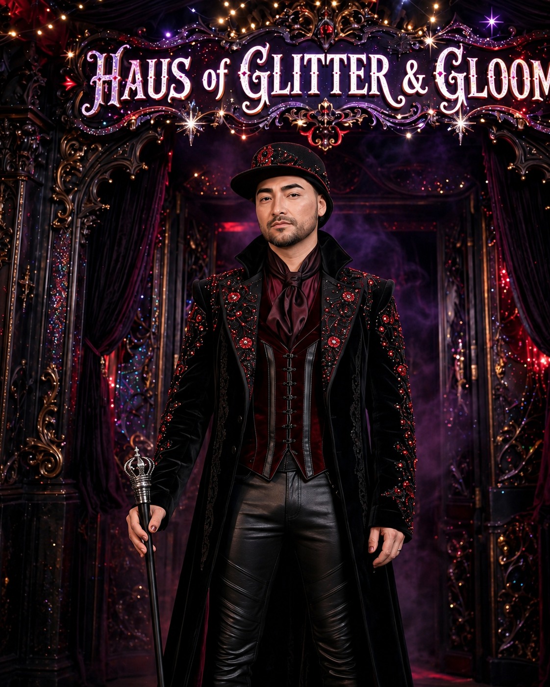 Sir Stabby centered beneath the ornate Haus of Glitter and Gloom entrance in black and burgundy couture