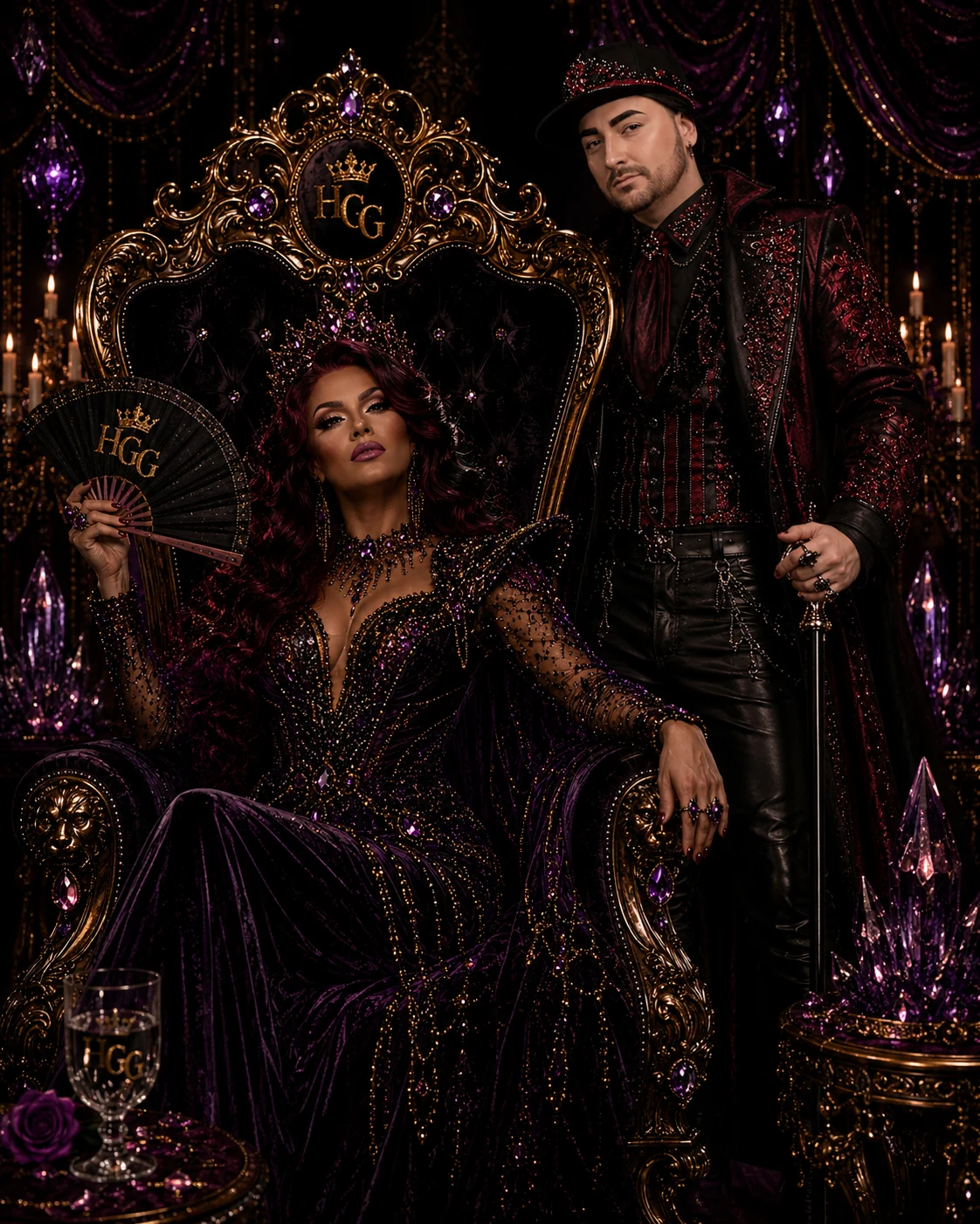 Sir Stabby in a black baseball cap and aristocratic black and burgundy Haus couture