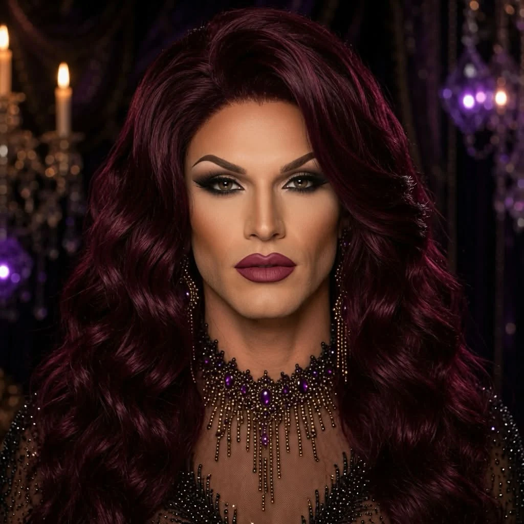Terra Highman in deep burgundy hair and regal drag couture