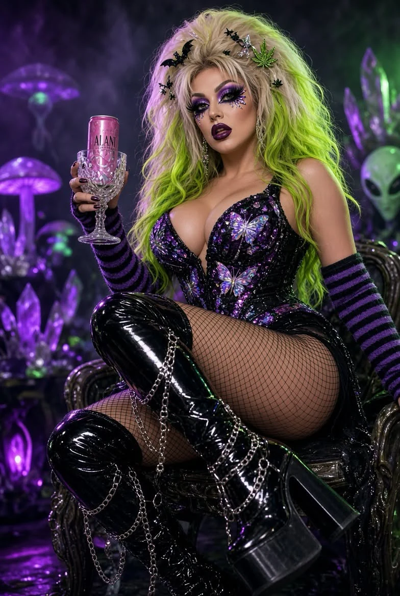 Tosh A Salad in purple, black, and neon green cyber-glam styling