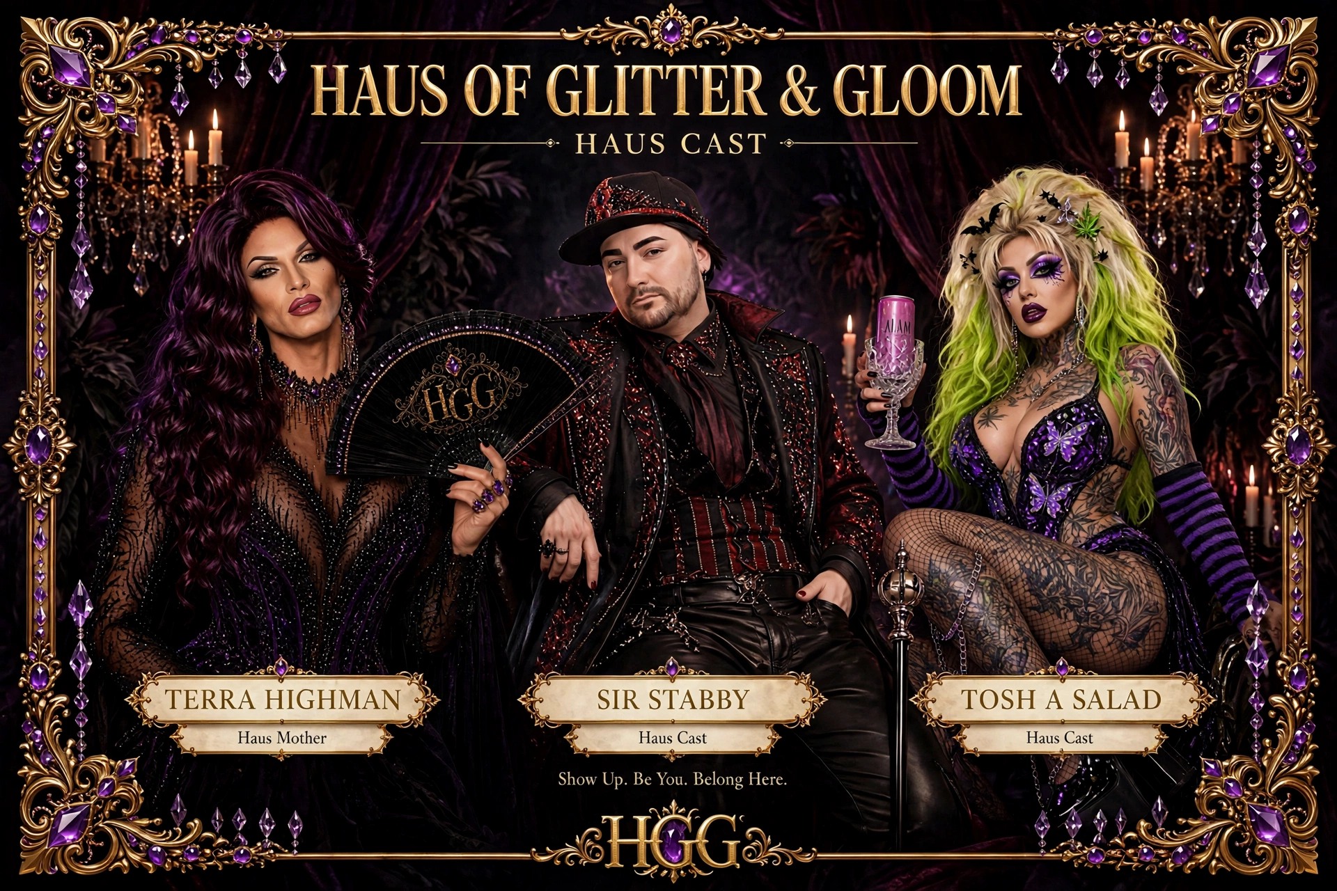 Haus Cast portrait of Terra Highman, Sir Stabby, and Tosh A Salad in an ornate black, gold, burgundy, and amethyst ballroom setting.