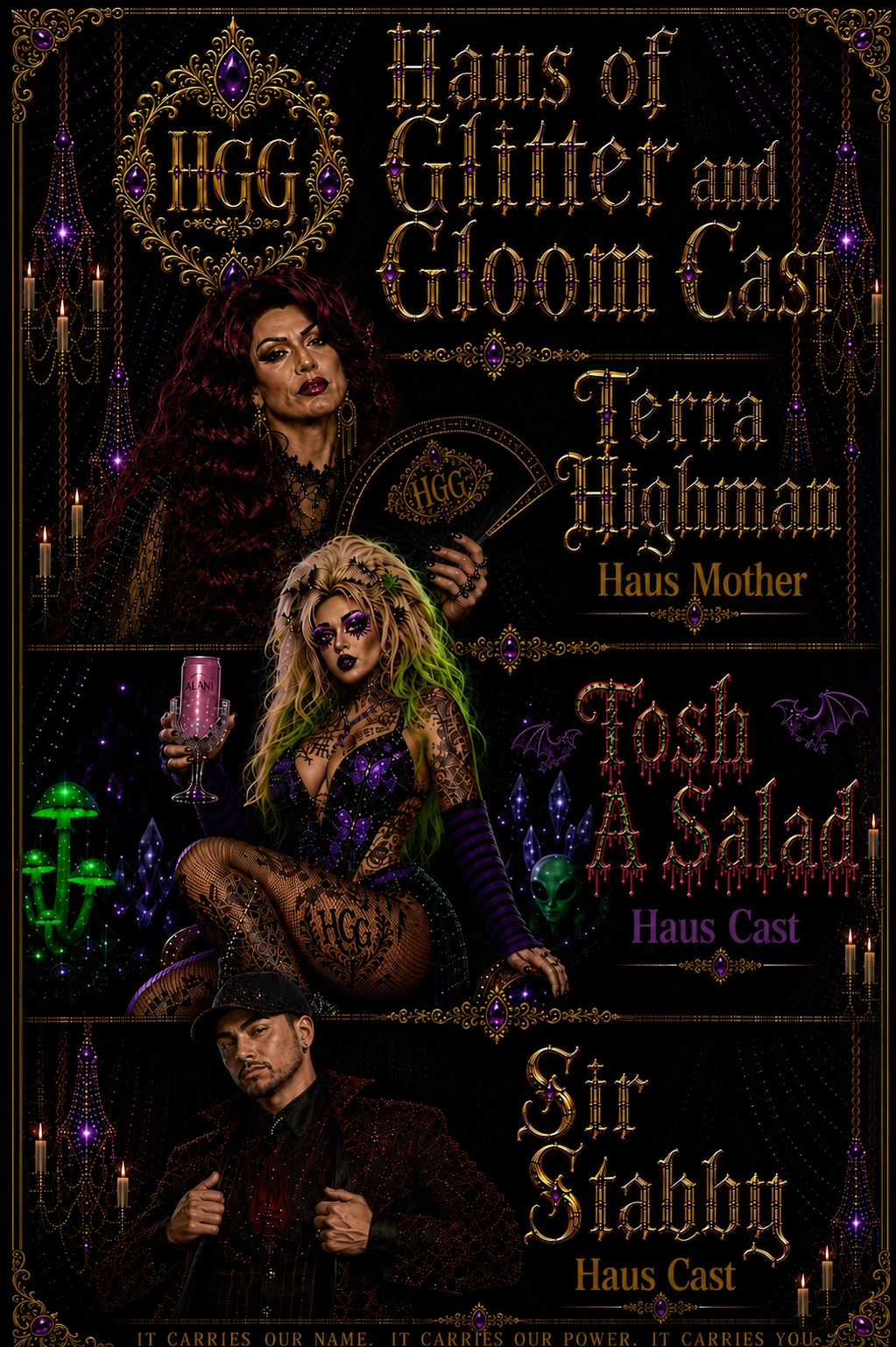 Terra Highman, Haus Mother, with Haus Cast members Tosh A Salad and Sir Stabby in the ornate black, gold, burgundy, and amethyst visual style of the Haus.